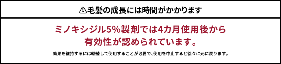 ??毛髪の成長には時間がかかりますミノキシジル5％製剤では4カ月使用後から有効性が認められています。効果を維持するには継続して使用することが必要で、使用を中止すると徐々に元に戻ります。