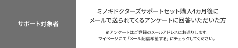 【サポート対象者】ミノキドクターズサポートセット購入4カ月後にメールで送られてくるアンケートに回答いただいた方　※アンケートはご登録のメールアドレスにお送りします。マイページにて「メール配信希望する」にチェックしてください。