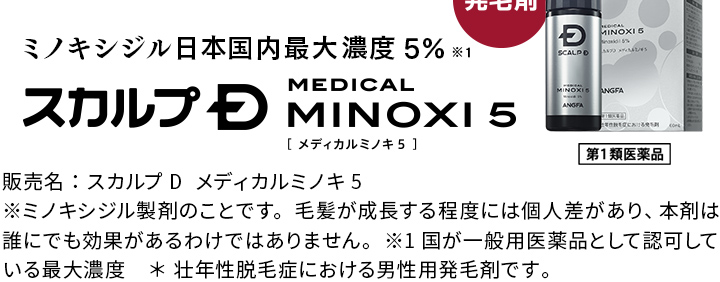 ミノキシジル日本国内最大濃度5%※1 スカルプD MEDICAL MINOXI 5 販売名：スカルプD　メディカルミノキ5
※ミノキシジル製剤のことです。毛髪が成長する程度には個人差があり、本剤は誰にでも効果があるわけではありません。
※1 国が一般用医薬品として認可している最大濃度　＊ 壮年性脱毛症における男性用発毛剤です。