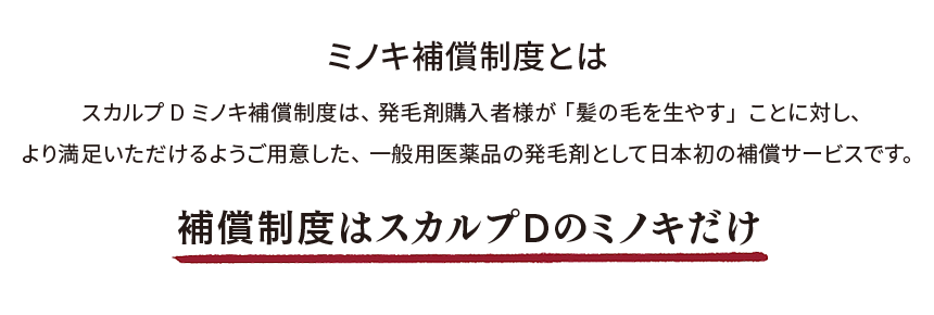 ミノキ補償制度とは
スカルプD ミノキ補償制度は、発毛剤購入者様が「髪の毛を生やす」ことに対し、より満足いただけるようご用意した、一般用医薬品の発毛剤として日本初の補償サービスです。
補償制度はスカルプDのミノキだけ