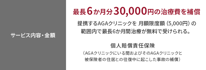 【サービス内容・金額】
最長6か月分30,000円の治療費を補償
提携するAGAクリニックを 月額限度額（5,000円）の範囲内で最長6か月間治療が無料で受けられる。
個人賠償責任保険（AGAクリニックにいる間およびそのAGAクリニックと被保険者の住居との往復中に起こした事故の補償）