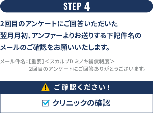 STEP 4 2回目のアンケートにご回答いただいた翌月月初、アンファーよりお送りする下記件名のメールのご確認をお願いいたします。