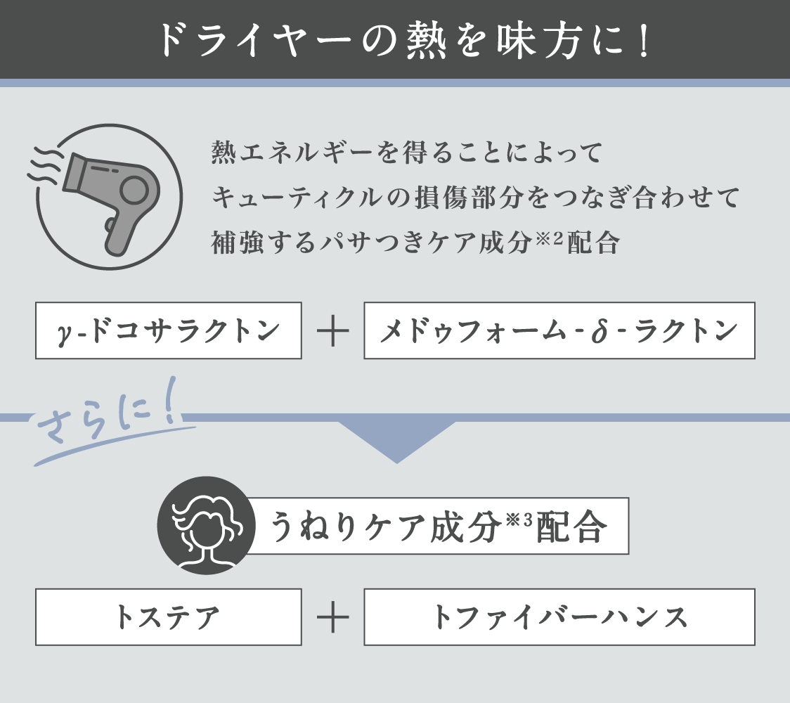 ドライヤーの熱を味方に！ 熱エネルギーを得ることによってキューティクルの損傷部分をつなぎ合わせて補強するパサつきケア成分※2配合 