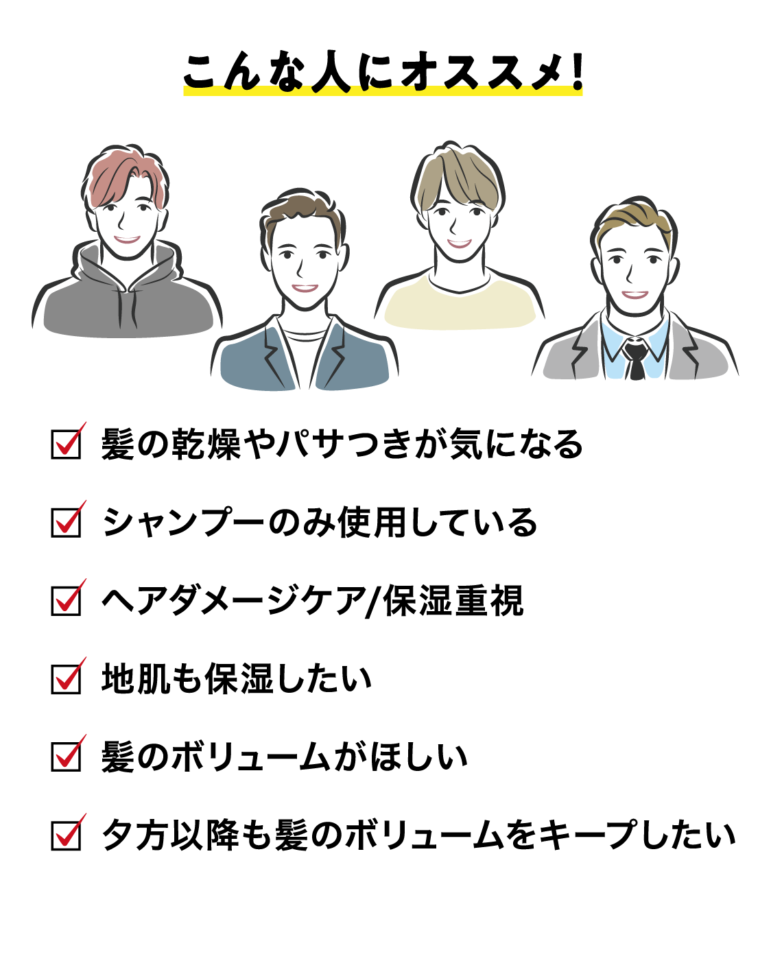 こんな人にオススメ！髪の乾燥やパサつきが気になる シャンプーのみ使用している ヘアダメージケア/保湿重視 地肌も保湿したい 髪のボリュームがほしい 夕方以降も髪のボリュームをキープしたい