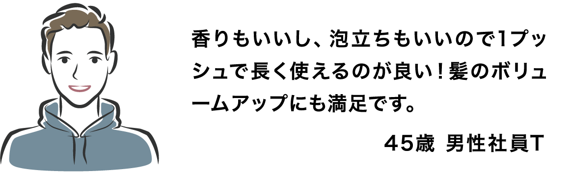 香りもいいし、泡立ちもいいので1プッシュで長く使えるのが良い！髪のボリュームアップにも満足です。 45歳 男性社員T